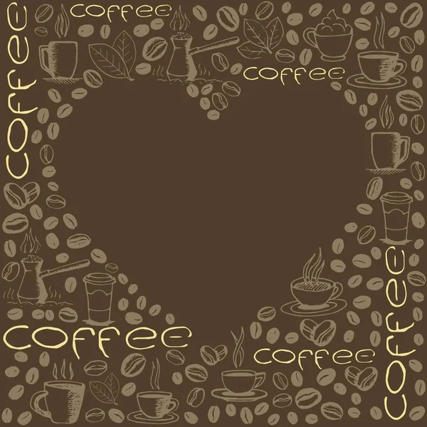 Kahve Arka Planda Içi Boş Kalp Şeklinde Karalanıyor Elle Çizilmiş — Stok Vektör
