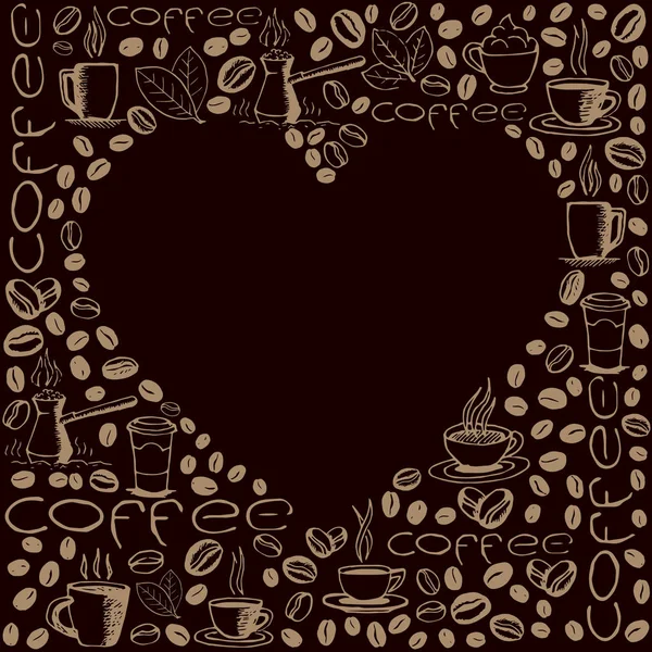 Coffee Icons Background Blank Heart Shape Hand Drawn Sketchy Doodles — ストックベクタ