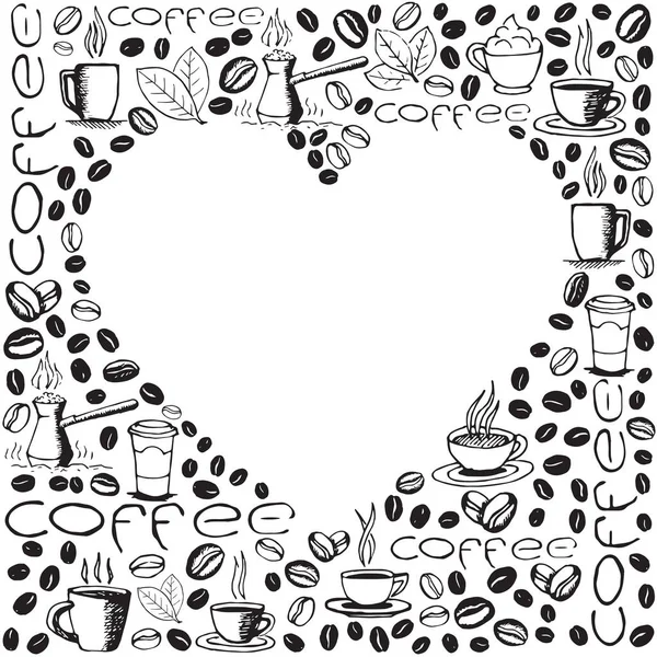 Coffee doodles background with blank heart shape inside. Hand drawn sketchy symbols pattern. Vector eps8 illustration.
