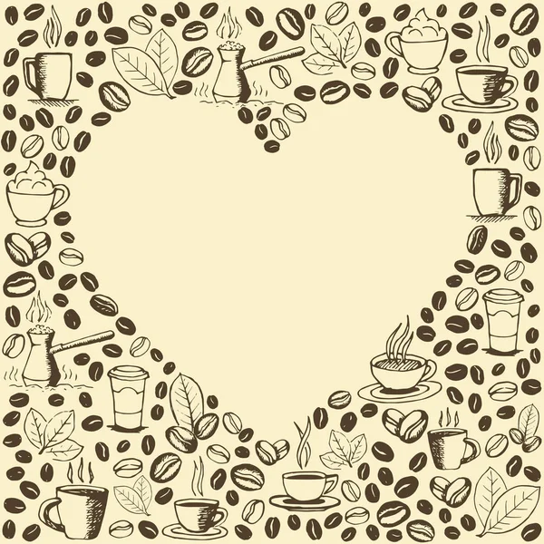 Kávové Ikony Pozadí Prázdným Tvaru Srdce Uvnitř Ručně Kreslené Náčrtky — Stockový vektor