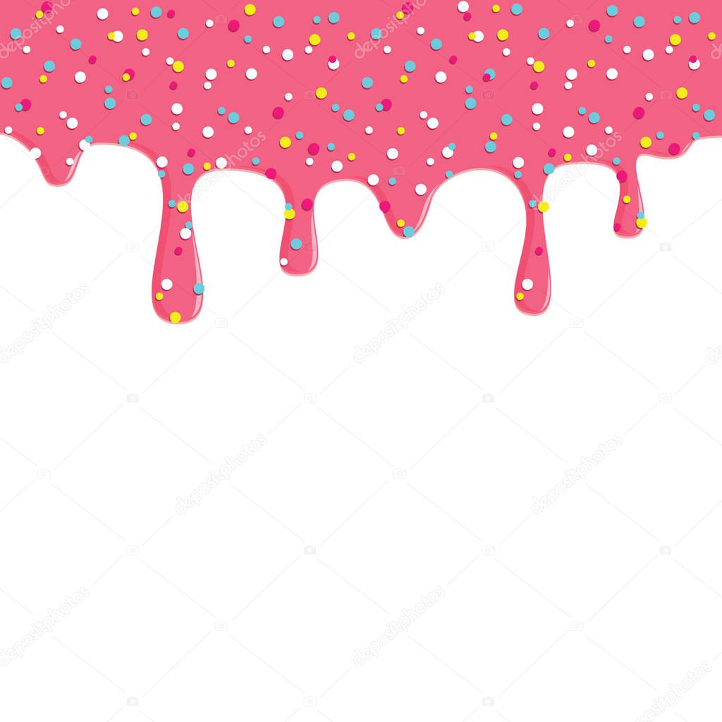 Dripping donut glaze background. Pink liquid sweet flow, tasty dessert topping with colorful sprinkles. Doughnut or ice cream drips. Vector eps8 illustration with blank white space.