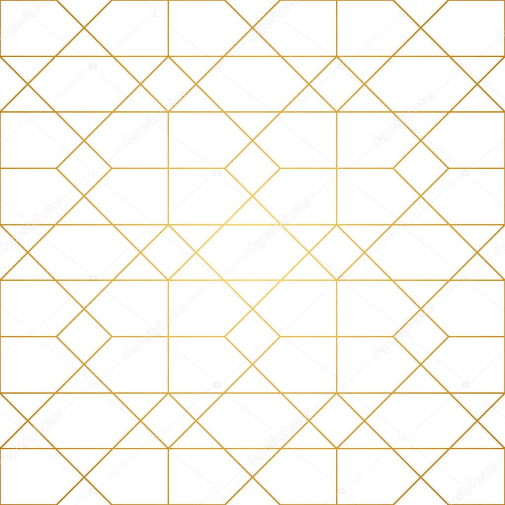 Seamless geometric pattern. Golden lines on white background. Texture with rhombus and nodes. Abstract vector eps8 illustration.