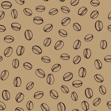 Kahve çekirdekleri pürüzsüz. Kahverengi arka plana rastgele yerleştirilmiş kahve tohumları. Tekrarlayan doku sarılıyor. El çizimi vektör eps8 illüstrasyonu.