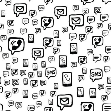 Akıllı telefon, SMS ve e-posta iletişimi kusursuz. El çizimi etkileşim simgeleri beyaz arkaplana rastgele yerleştirilmiş. Paketleme ya da ağ yineleyen doku. Vektör eps8 illüstrasyonu.