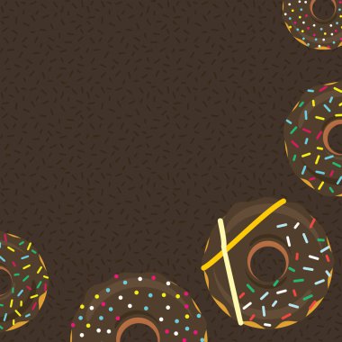 Poster ya da afiş tasarımı için çikolatalı çörekler. Tatlı şekerli donutlar üzerine renkli serpiştirilmiş jöleli donutlar. Düz görünüm grafikleri. Vektör eps8 illüstrasyonu.