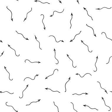 El çizimi kavisli oklar beyaz arka plana rastgele yerleştirilmiş. Kusursuz desen. Sağ, sol, yukarı ve aşağı soyut işaretler ve ok başları ambalaj dokusu. Vektör eps8 illüstrasyonu.
