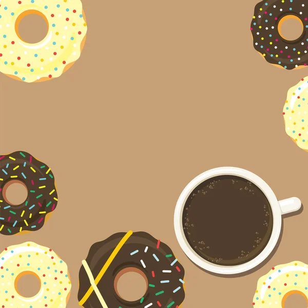 Donuts Und Tasse Kaffee Oder Heiße Schokolade Hintergrund Für Plakat — Stockvektor