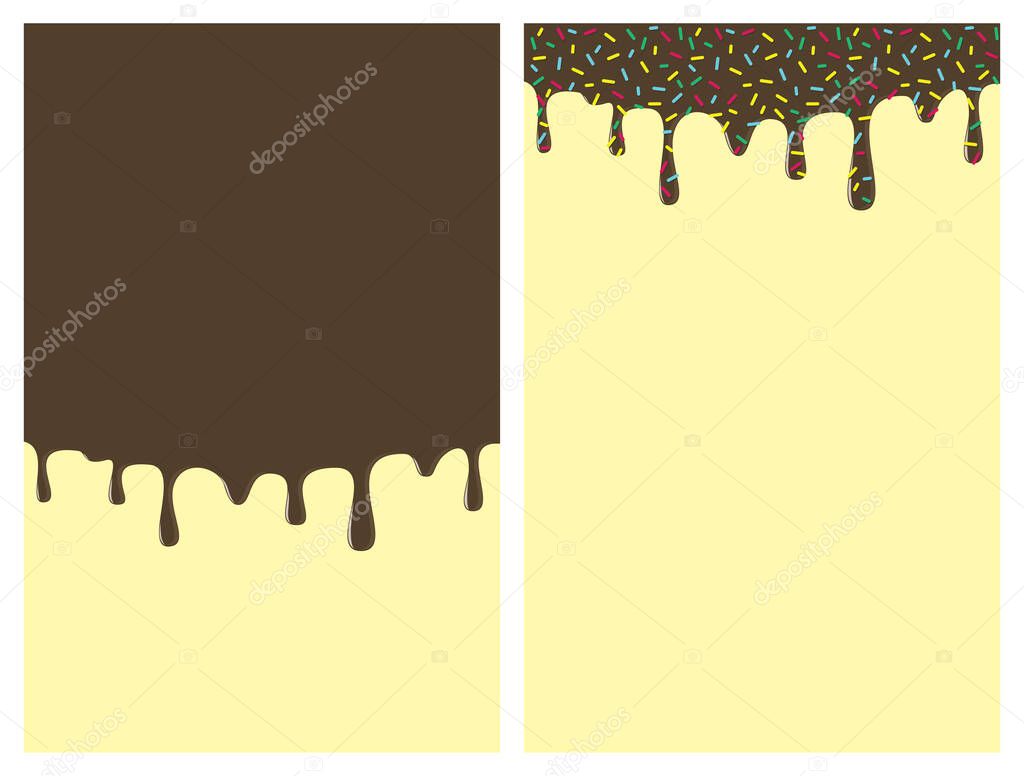 Dripping donut glaze vertical backgrounds set. Chocolate liquid sweet flow, tasty dessert topping with colorful sprinkles. Doughnut or ice cream drips. Vector eps8 illustration with blank copy space.