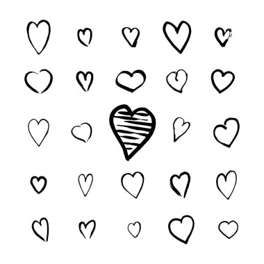 Kalp simgeleri karalama tarzında çizilmiş. Sevgililer Günü ya da düğün için eskiz tasarım öğeleri. Beyazda izole edilmiş siyah aşk sembolleri. Vektör eps8 illüstrasyonu.