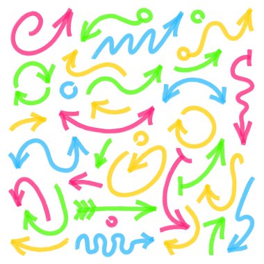 Vurgulayıcı ok işaretçileri tasarım elementleri. El çizgileri, kavisli çizgiler ve ok başlıklı vuruşlar. Bir tıklama renk değişikliği için optimize edildi. Şeffaf renkler eps10 vektörü.