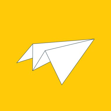 Sarı arkaplanda izole edilmiş düz kağıt düzlemli doğrusal simge. Kağıt ustası origami uçağının sembolü. Vektör satırı eps8 illüstrasyonu.