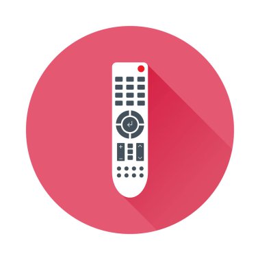 Televizyon veya medya merkezi için uzaktan kumanda. Daire şeklinin içinde uzun gölgeli düz bir simge. Kızılötesi kontrol sembolü. Vektör eps8 illüstrasyonu.
