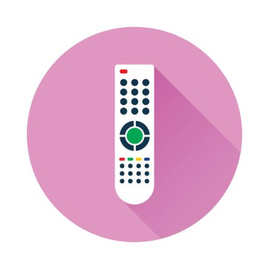 Televizyon veya medya merkezi için uzaktan kumanda. Daire şeklinin içinde uzun gölgeli düz bir simge. Kızılötesi kontrol sembolü. Vektör eps8 illüstrasyonu.