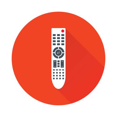 Televizyon veya medya merkezi için uzaktan kumanda. Daire şeklinin içinde uzun gölgeli düz bir simge. Kızılötesi kontrol sembolü. Vektör eps8 illüstrasyonu.