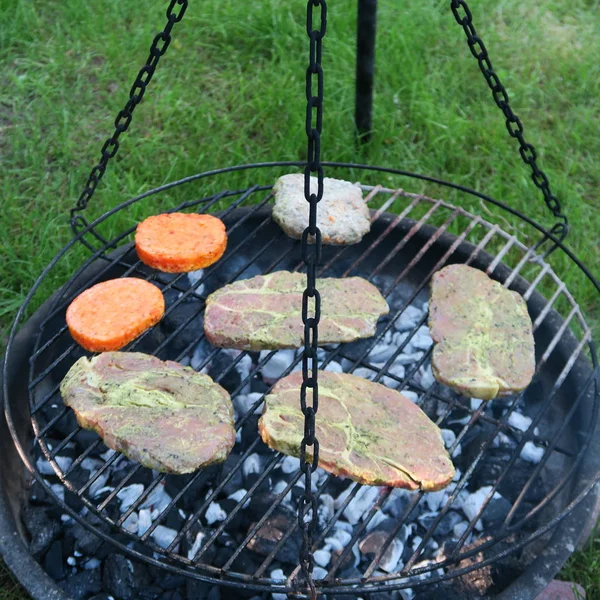 Kött i sommar i en grönskande trädgård på en gammal kolgrill, del — Stockfoto