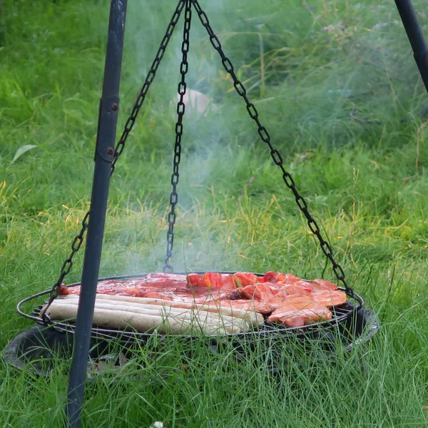 Kött i sommar i en grönskande trädgård på en gammal kolgrill, del — Stockfoto