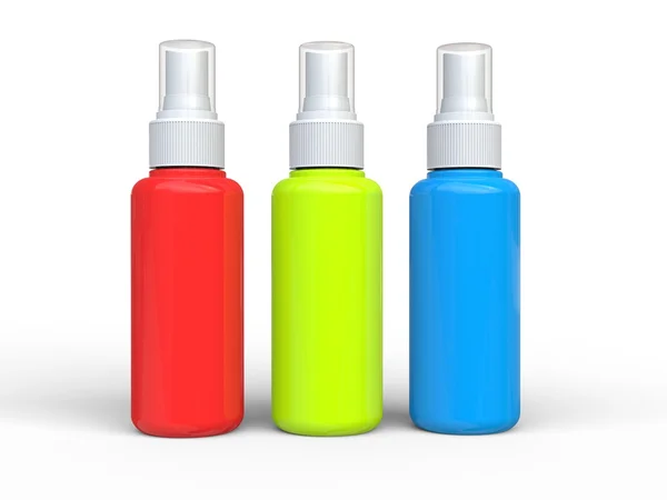 Kırmızı, yeşil ve mavi unlabled Sprey şişeleri — Stok fotoğraf