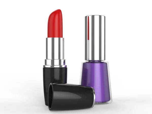 Lápiz labial rojo y esmalte de uñas púrpura — Foto de Stock