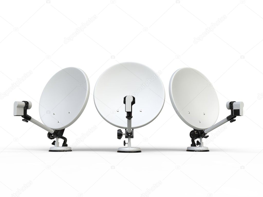 Three white TV satellite dishes