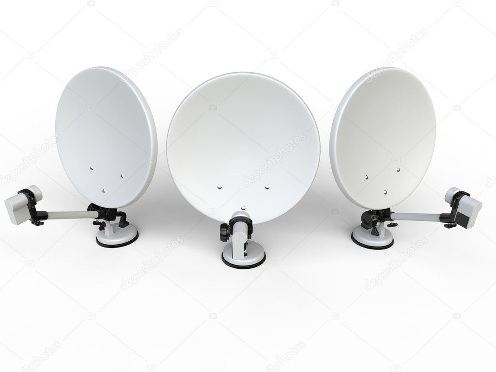 Three white TV satellite dishes - top view