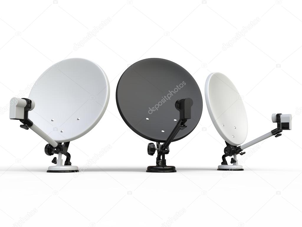 Three black and white TV satellite dishes