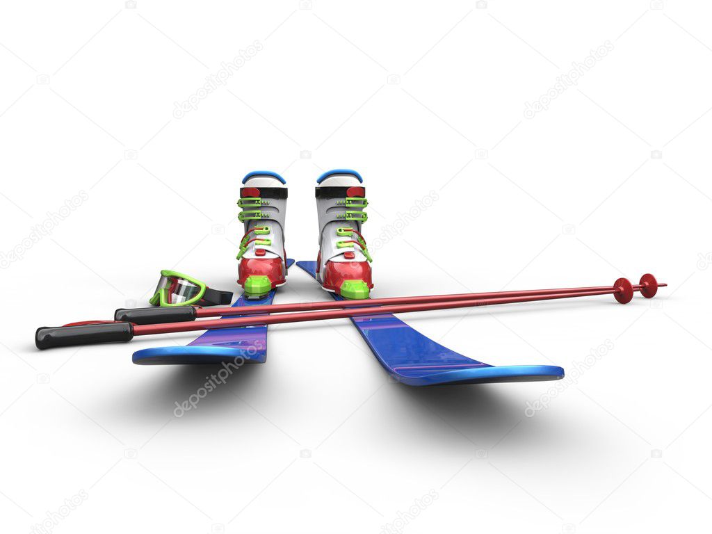 Colorful ski equipment - front view closeup shot