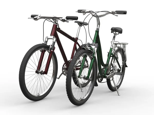 Biciclette moderne - colori metallizzati verdi e rossi - diversi modelli — Foto Stock