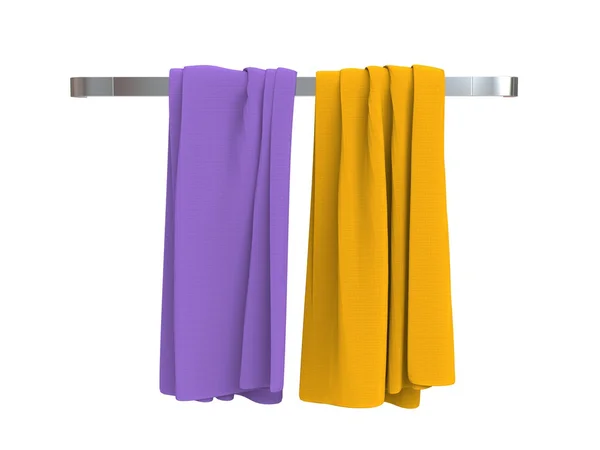 Lila und gelbe Handtücher auf einem Handtuchhalter — Stockfoto