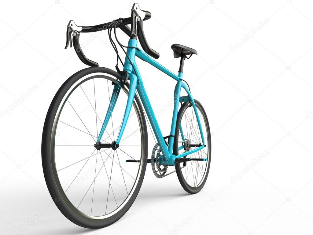 Bright blue profesional sports bike - focus on front wheel