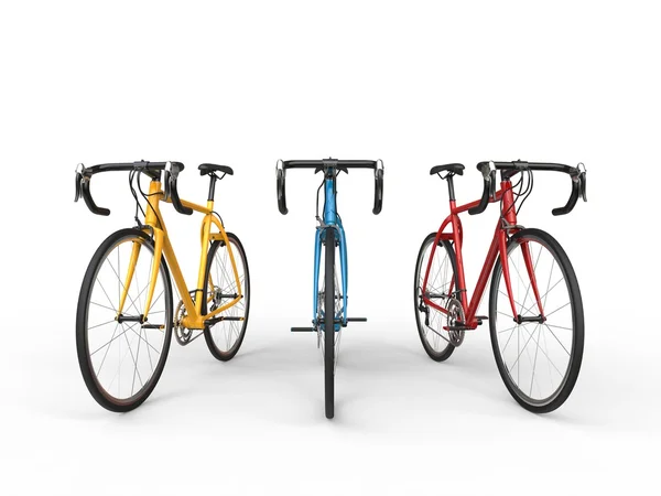 Жовті, сині та червоні професійні спортивні велосипеди — стокове фото