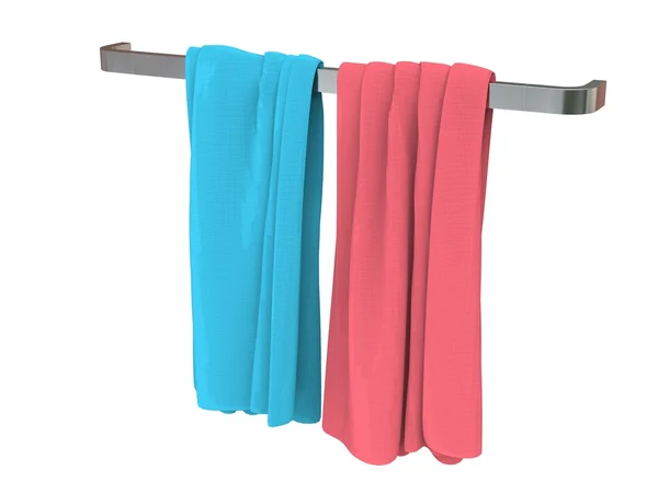 Rosa und blau saubere Baumwollhandtücher auf einem Handtuchhalter — Stockfoto
