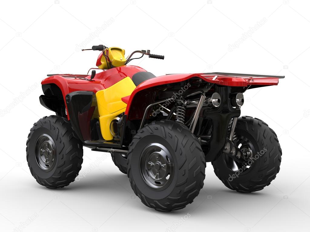 Red quad bike with yellow side panels - back view