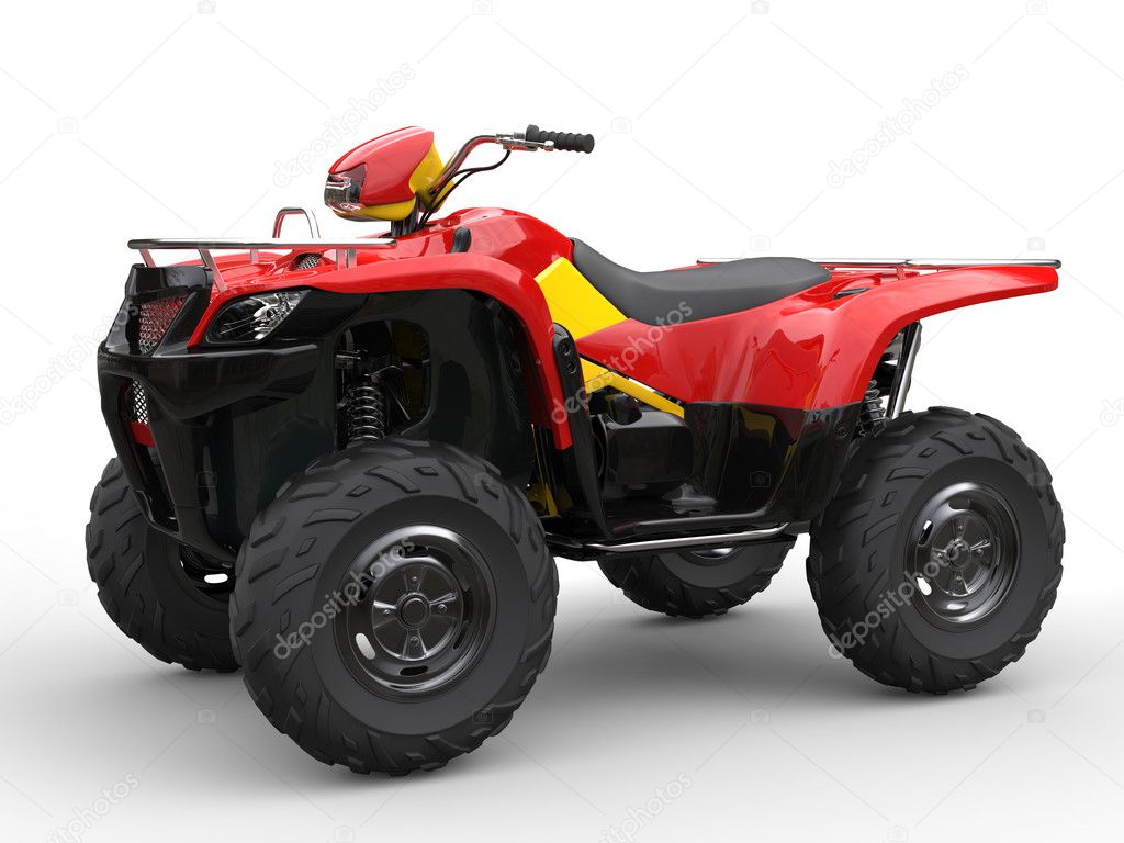 Red quad bike with yellow side panels