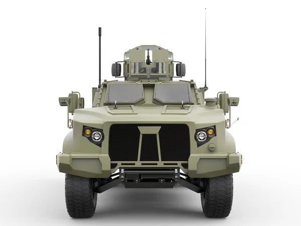 Green military all terrain tactical vehicle - front view — Stock Photo, Image
