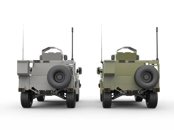 Military all terrain tactical vehicles - green and grey - rear view — Stock fotografie