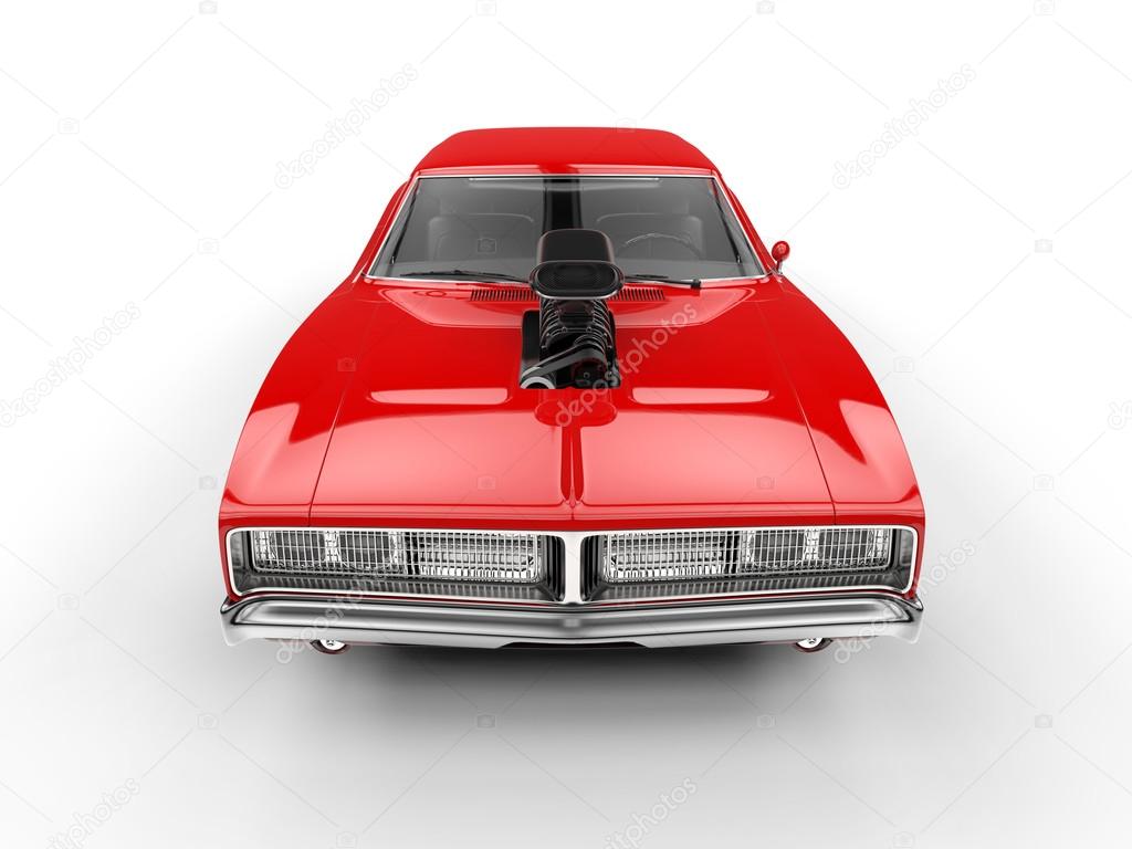 Awesome red muscle car - front top view closeup shot