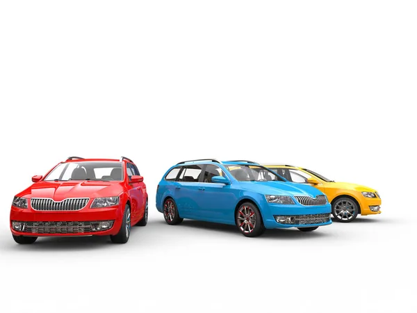 Carros da família vermelho, azul e amarelo — Fotografia de Stock