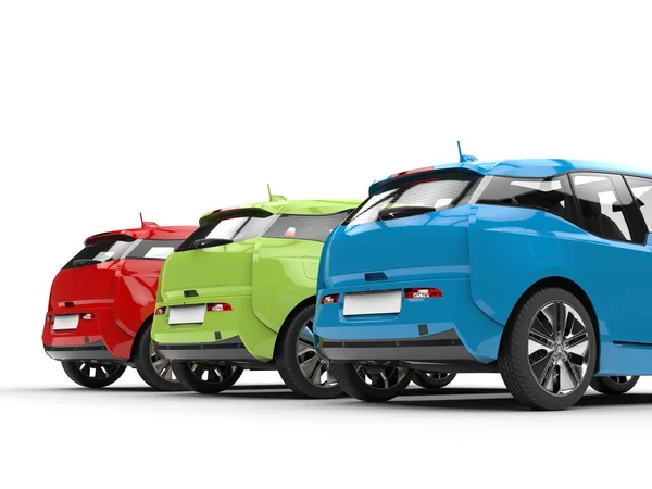 RGB electric cars in a row - back view closeup shot — Stock Photo, Image