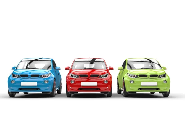 Електричні автомобілі RGB підряд - вид спереду — стокове фото