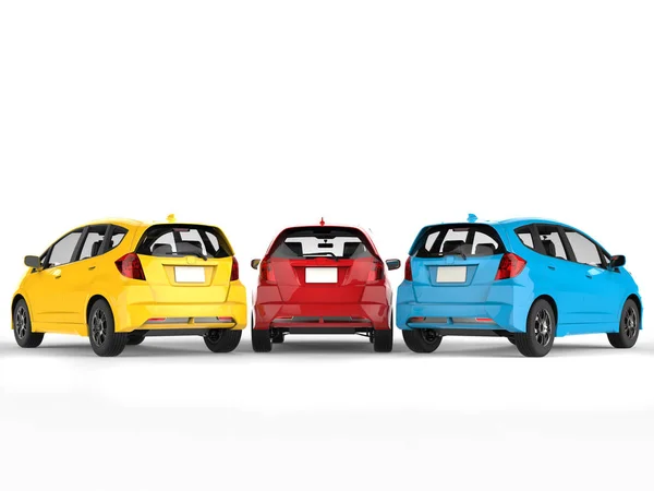 Σύγχρονα ηλεκτρικά αυτοκίνητα σε πρωτεύοντα χρώματα - ΠΙΣΩ ΟΨΗ — Φωτογραφία Αρχείου