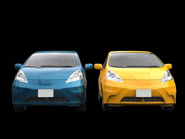 Azul e amarelo modernos carros compactos — Fotografia de Stock