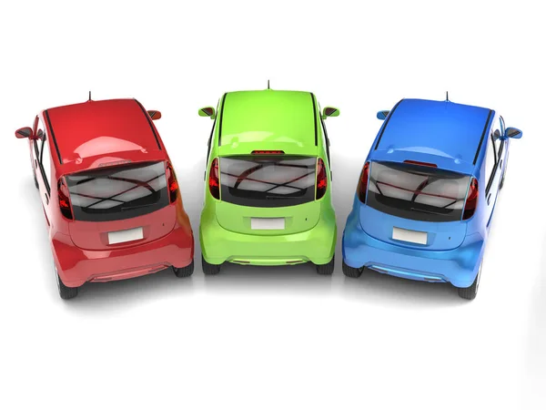 RGB ekonomik Kompakt elektrikli arabalar - üstten arka görünüm — Stok fotoğraf