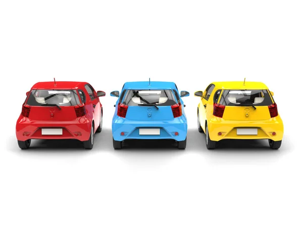 Σύγχρονη συμπαγές αστικό ηλεκτρικά αυτοκίνητα σε κόκκινο, μπλε και κίτρινο - πίσω όψη — Φωτογραφία Αρχείου