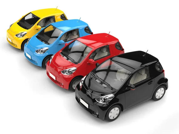 Serin kentsel modern kompakt otomobil - çeşitli renkler - üstten görünüm satırı — Stok fotoğraf