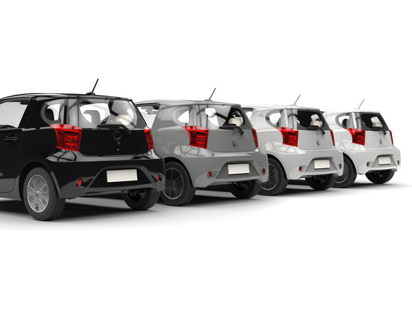 Modern compact electric cars - rear view angled - monochromatic colors