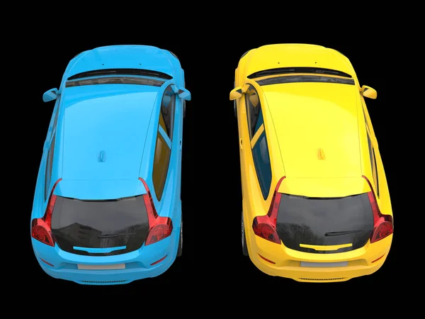 Blue and yellow modern elegant family cars - top down view