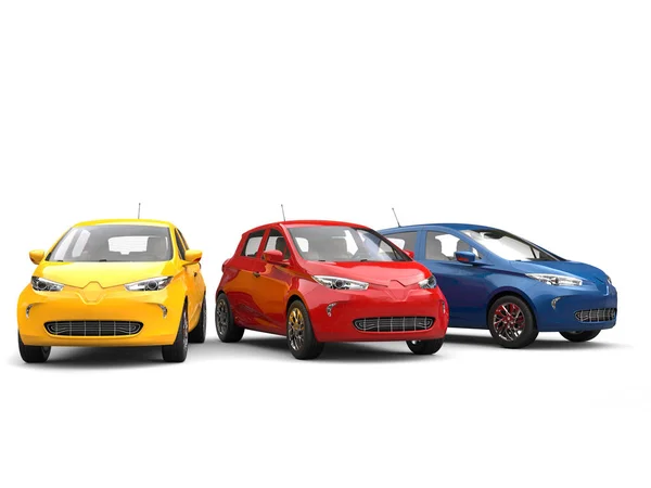 Moderna elektriska eco bilar i blå, gul och röd — Stockfoto