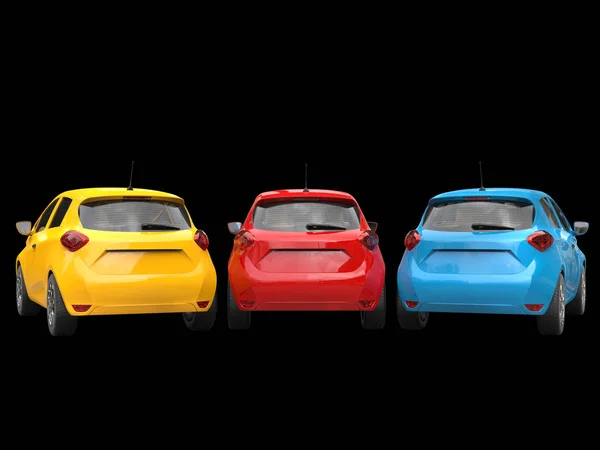 Ecocoches eléctricos modernos en amarillo, azul y rojo - vista trasera — Foto de Stock