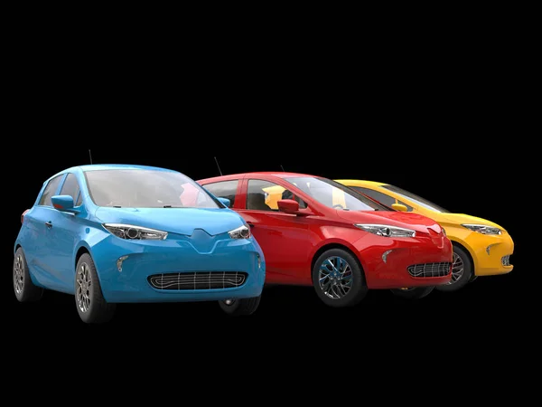 Сучасні електроенергетичні автомобілі в жовтому, синьому і червоному синьому автомобілі крупним планом — стокове фото