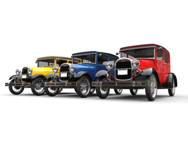 Kırmızı, mavi ve sarı güzel 1920'lerde vintage cars - 3d çizim